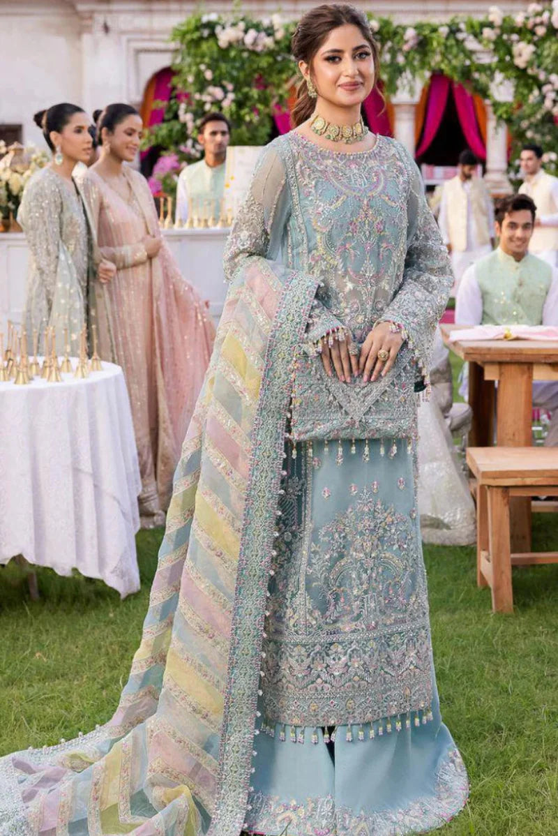 Powder Blue- 3PC Flared Suit with Multi-Tone Dupatta | Ready To Wear