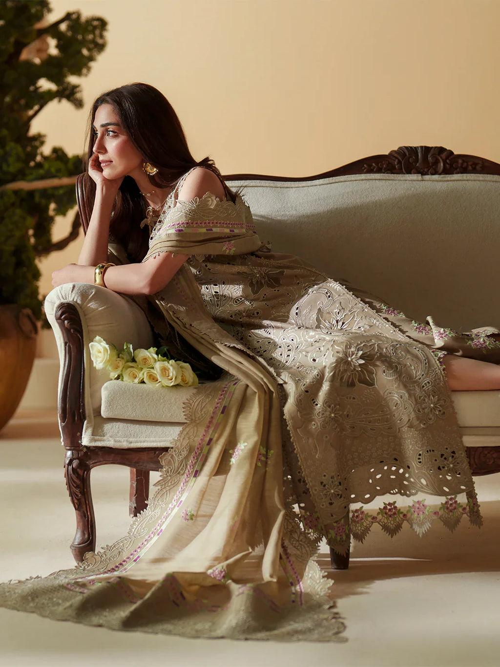 Taupe Cutwork Elegance - 3 Piece Embroidered Suit | Ready To Wear