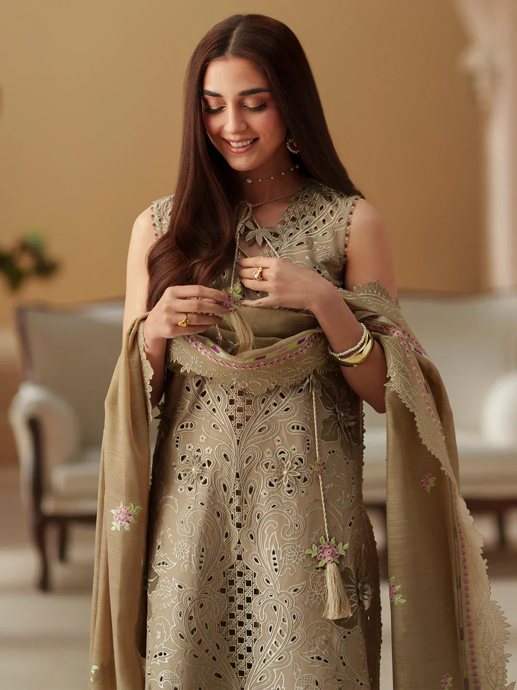 Taupe Cutwork Elegance - 3 Piece Embroidered Suit | Ready To Wear