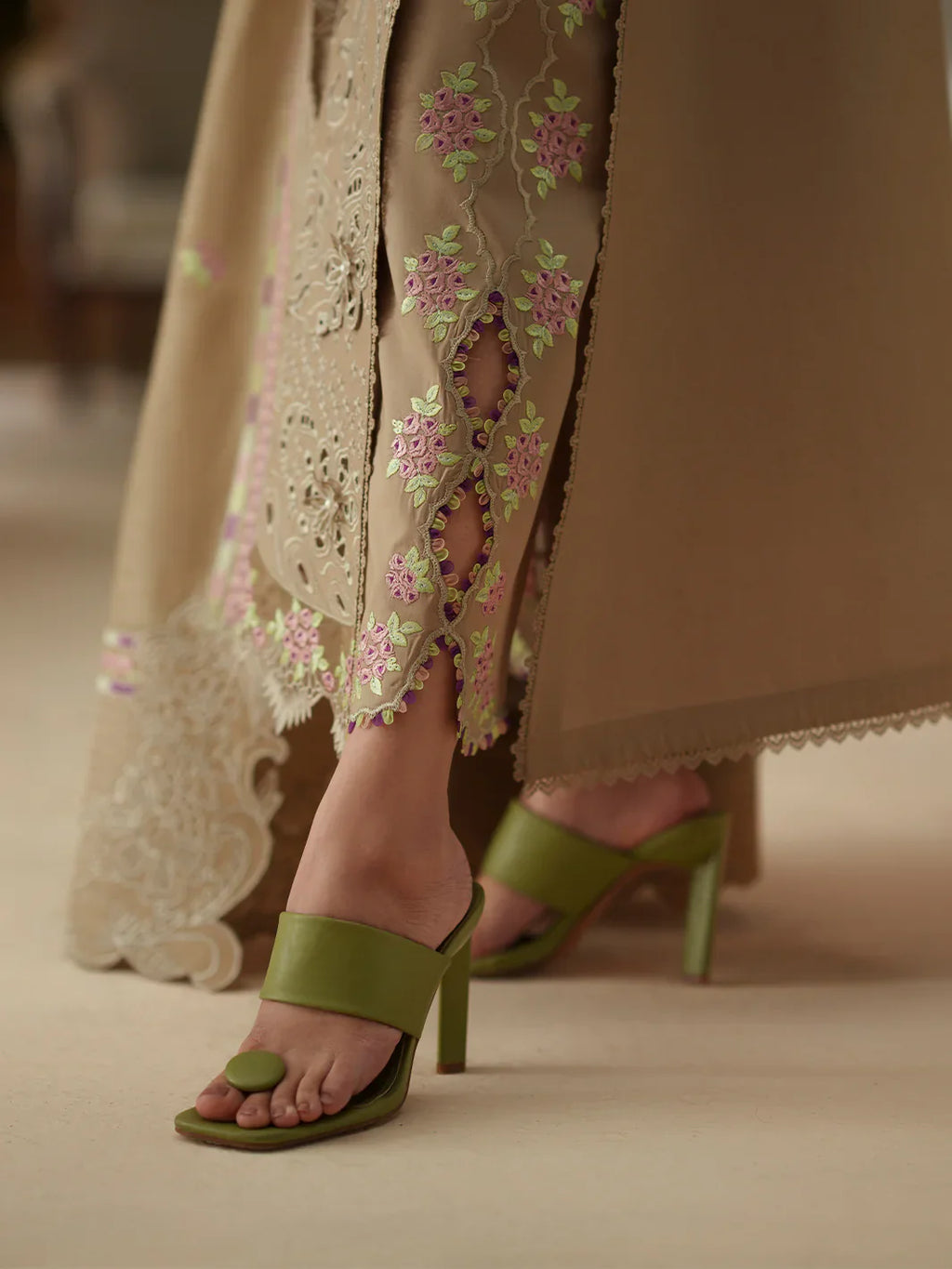 Taupe Cutwork Elegance - 3 Piece Embroidered Suit | Ready To Wear