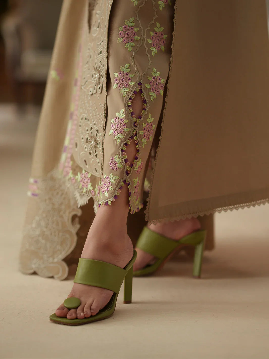 Taupe Cutwork Elegance - 3 Piece Embroidered Suit | Ready To Wear