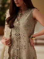 Taupe Cutwork Elegance - 3 Piece Embroidered Suit | Ready To Wear