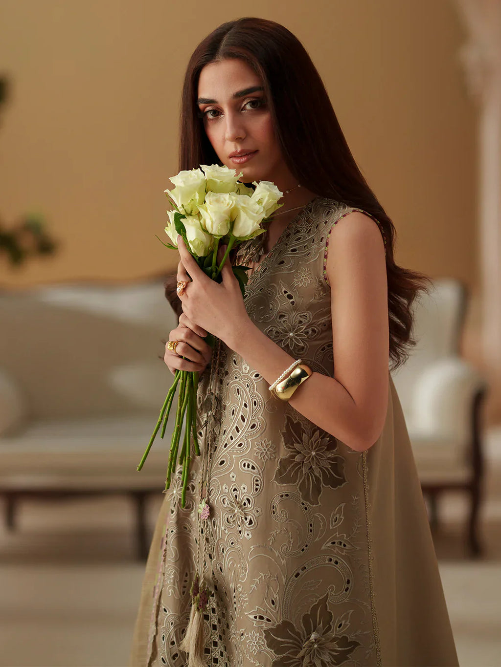 Taupe Cutwork Elegance - 3 Piece Embroidered Suit | Ready To Wear