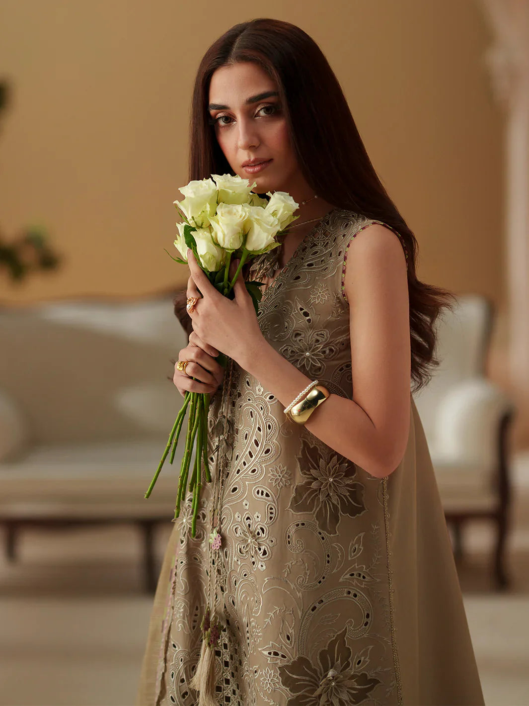 Taupe Cutwork Elegance - 3 Piece Embroidered Suit | Ready To Wear