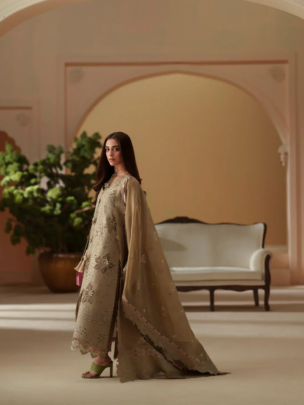 Taupe Cutwork Elegance - 3 Piece Embroidered Suit | Ready To Wear