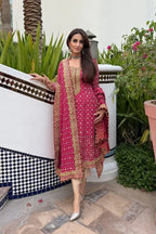 Hot Pink & Gold - 3PC Suit with Heavy Bordered Dupatta | Ready To Wear