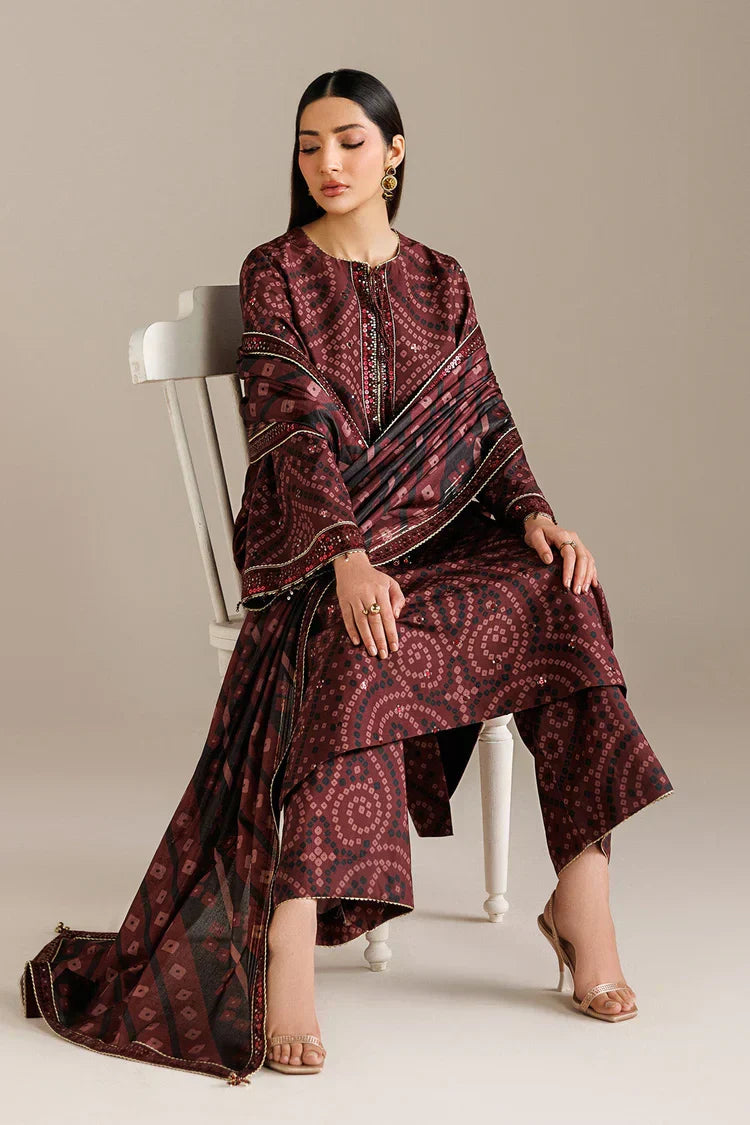 Burgundy Chunri - 3Pc Lawn Suit With Chiffon Dupatta | Ready To Wear