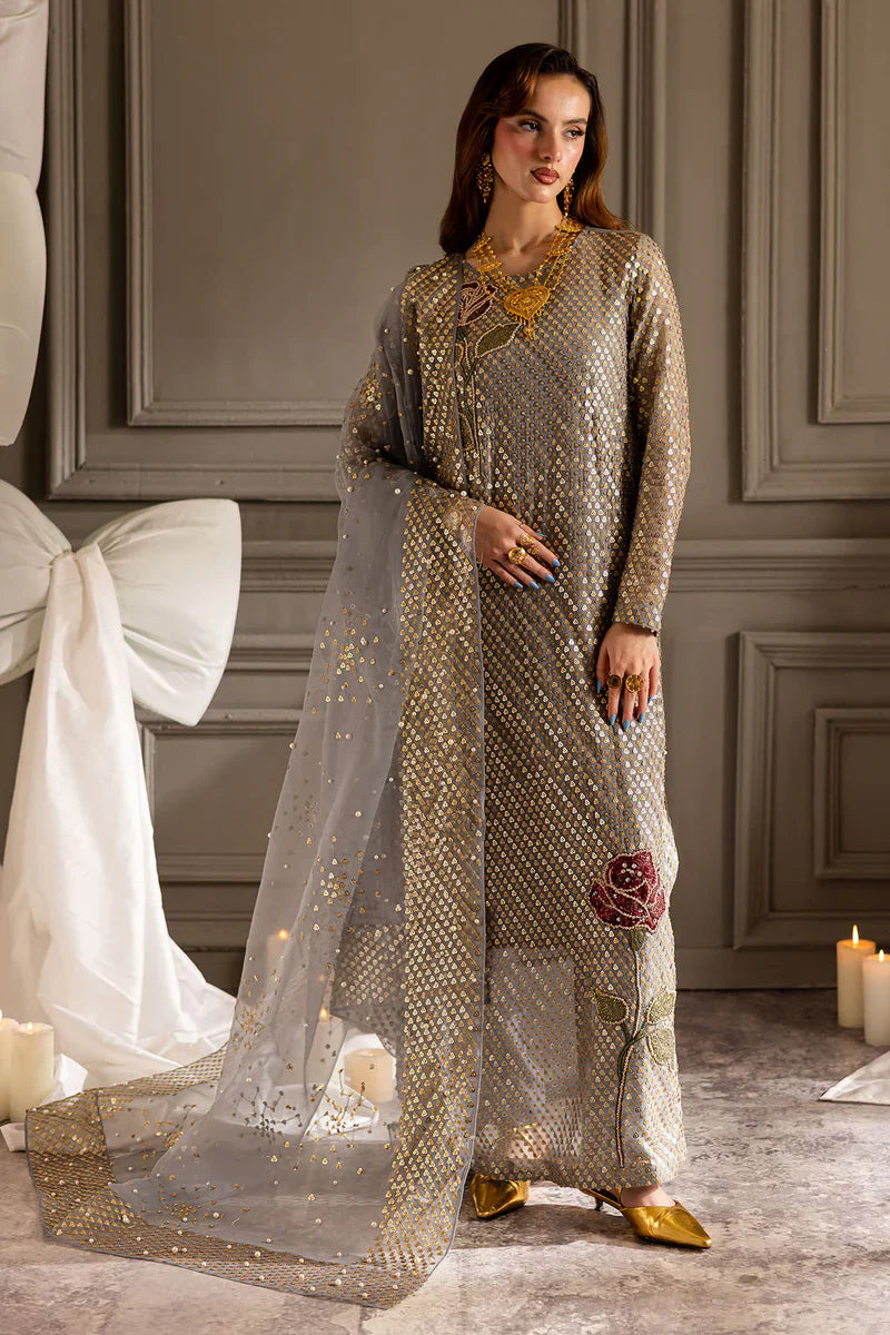 Metallic Grey & Gold Embellished - Embroidered Suit | Ready To Wear