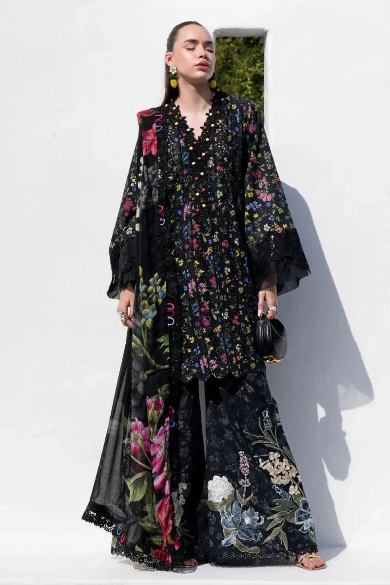 Midnight Bloom - 3Piece Black Suit with Flared Palazzos | Ready To Wear