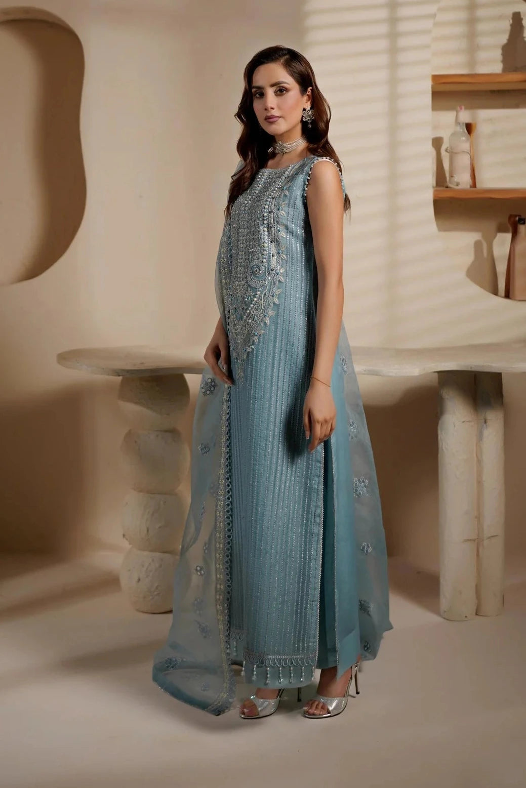 Light Blue Embroidered Organza Suit | Ready-to-Wear Dupatta