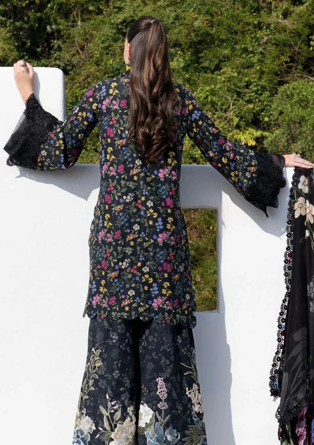 Midnight Bloom - 3Piece Black Suit with Flared Palazzos | Ready To Wear