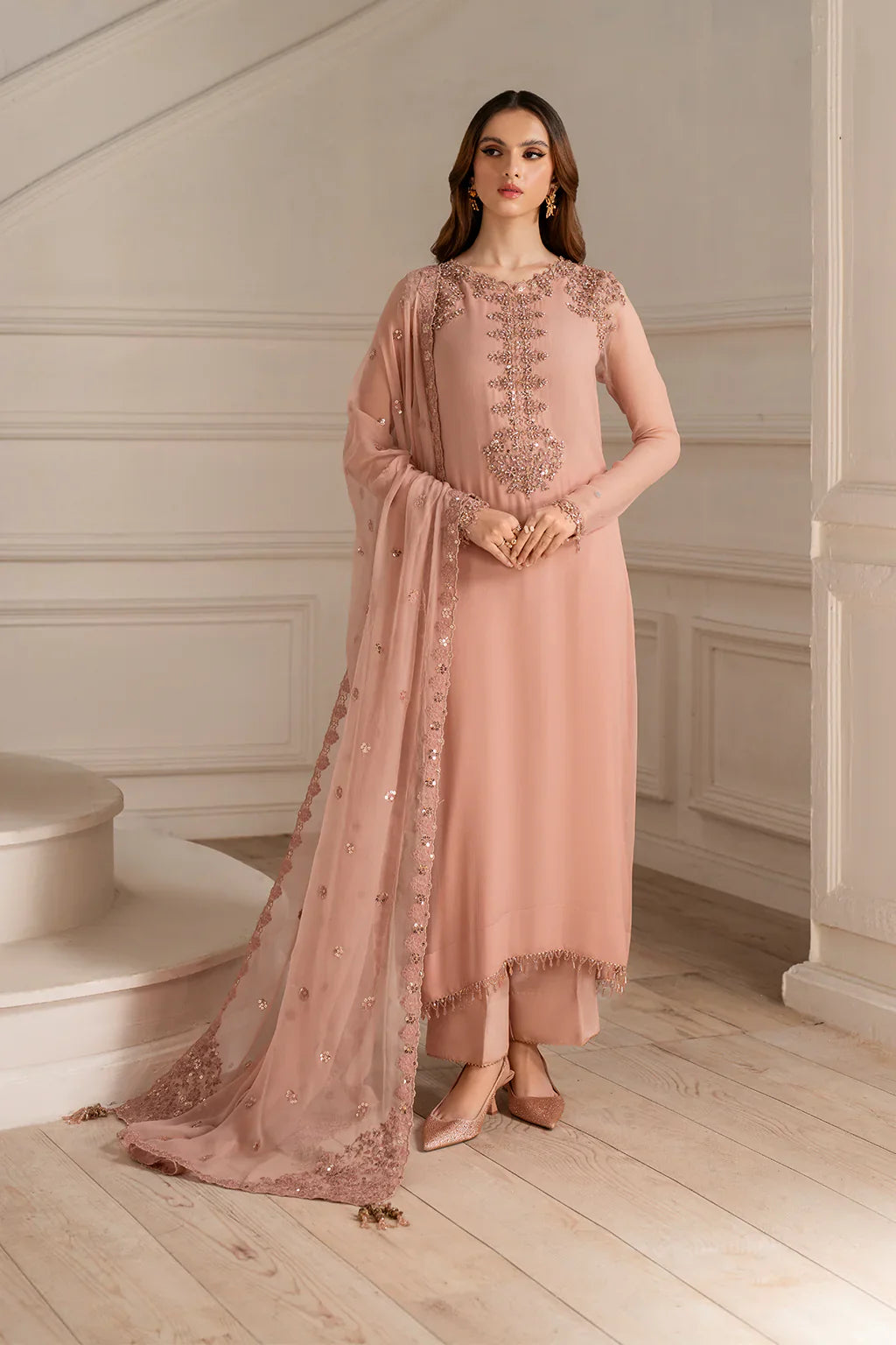 Peach Crystal Elegance - Embellished Formal Suit | Ready To Wear