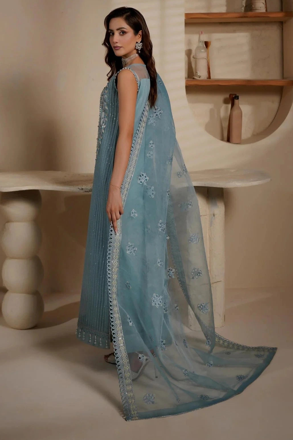 Light Blue Embroidered Organza Suit | Ready-to-Wear Dupatta