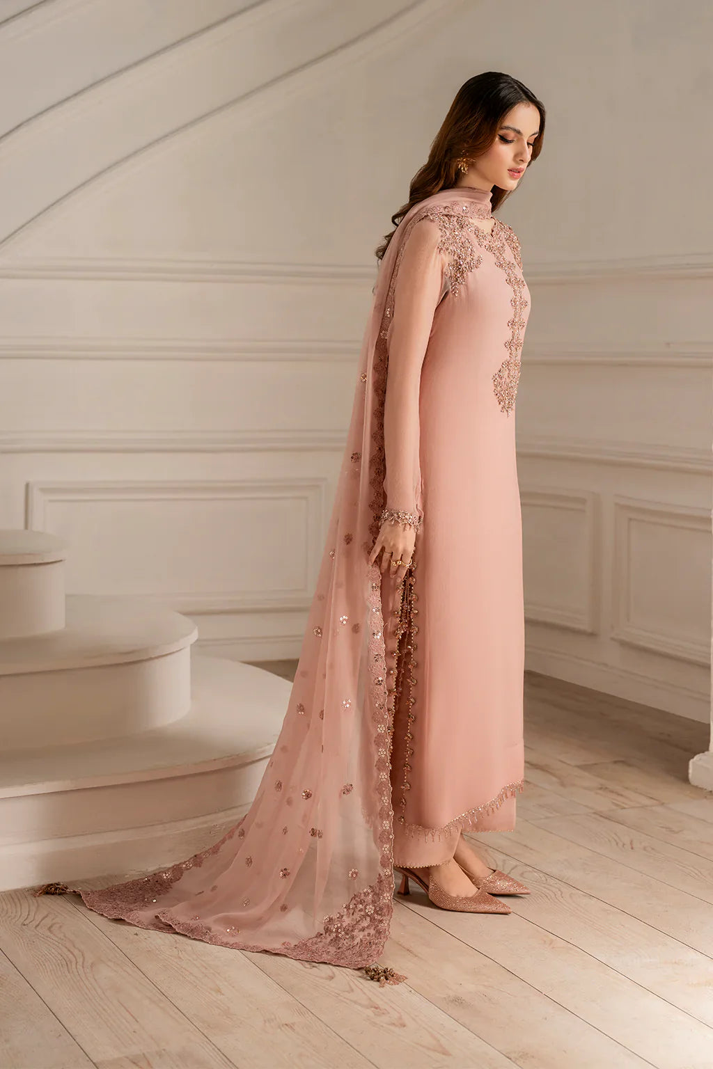 Peach Crystal Elegance - Embellished Formal Suit | Ready To Wear