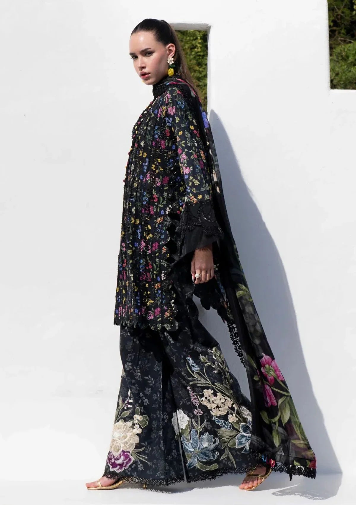 Midnight Bloom - 3Piece Black Suit with Flared Palazzos | Ready To Wear