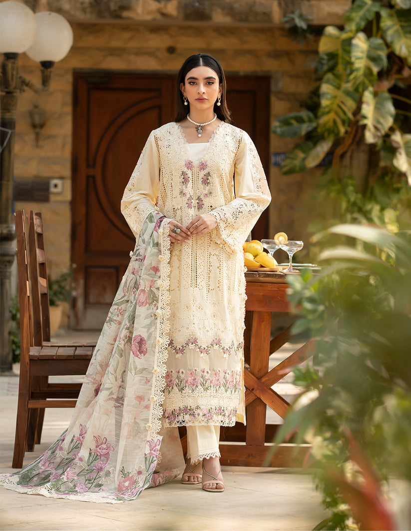 Ivory Floral Chikankari | Cotton Net Dupatta Formal