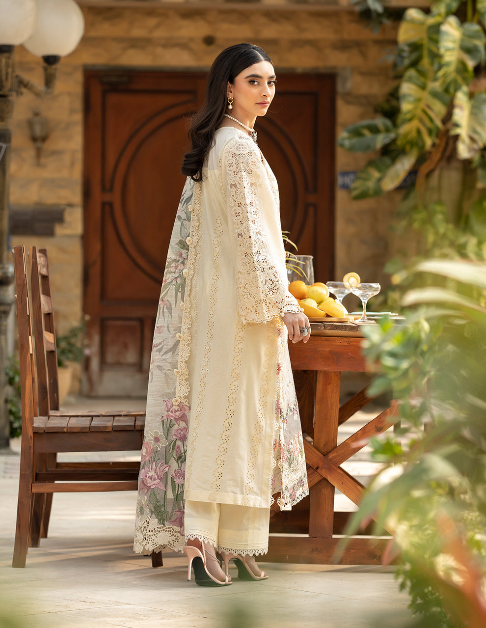 Ivory Floral Chikankari | Cotton Net Dupatta Formal