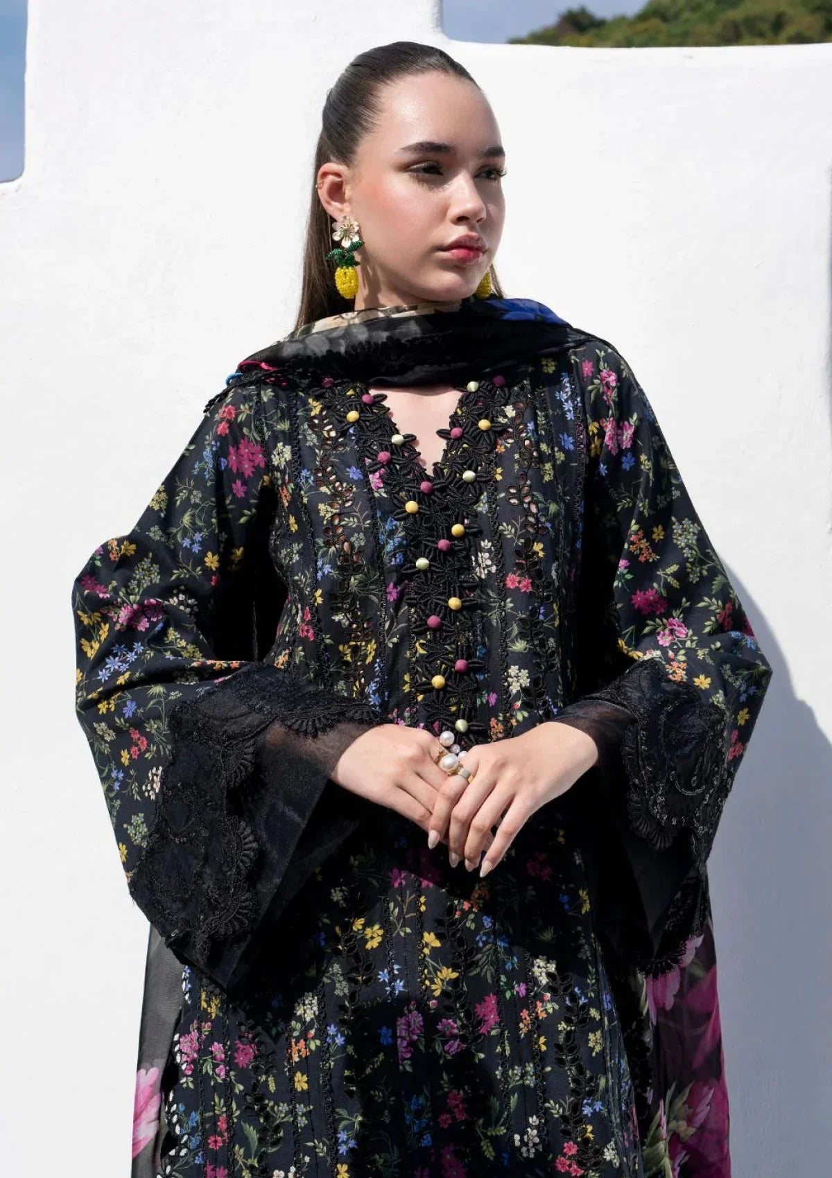 Midnight Bloom - 3Piece Black Suit with Flared Palazzos | Ready To Wear