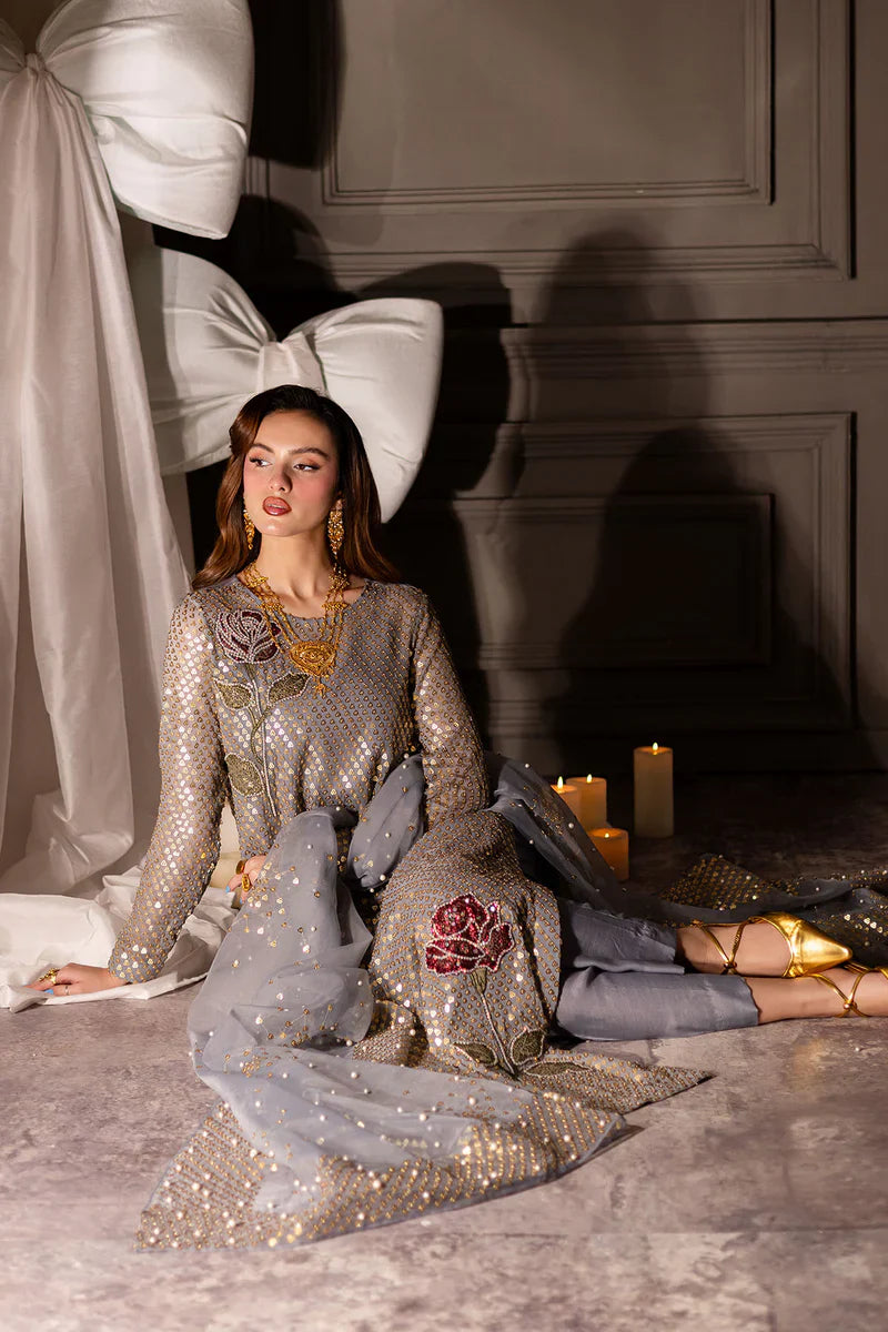 Metallic Grey & Gold Embellished - Embroidered Suit | Ready To Wear