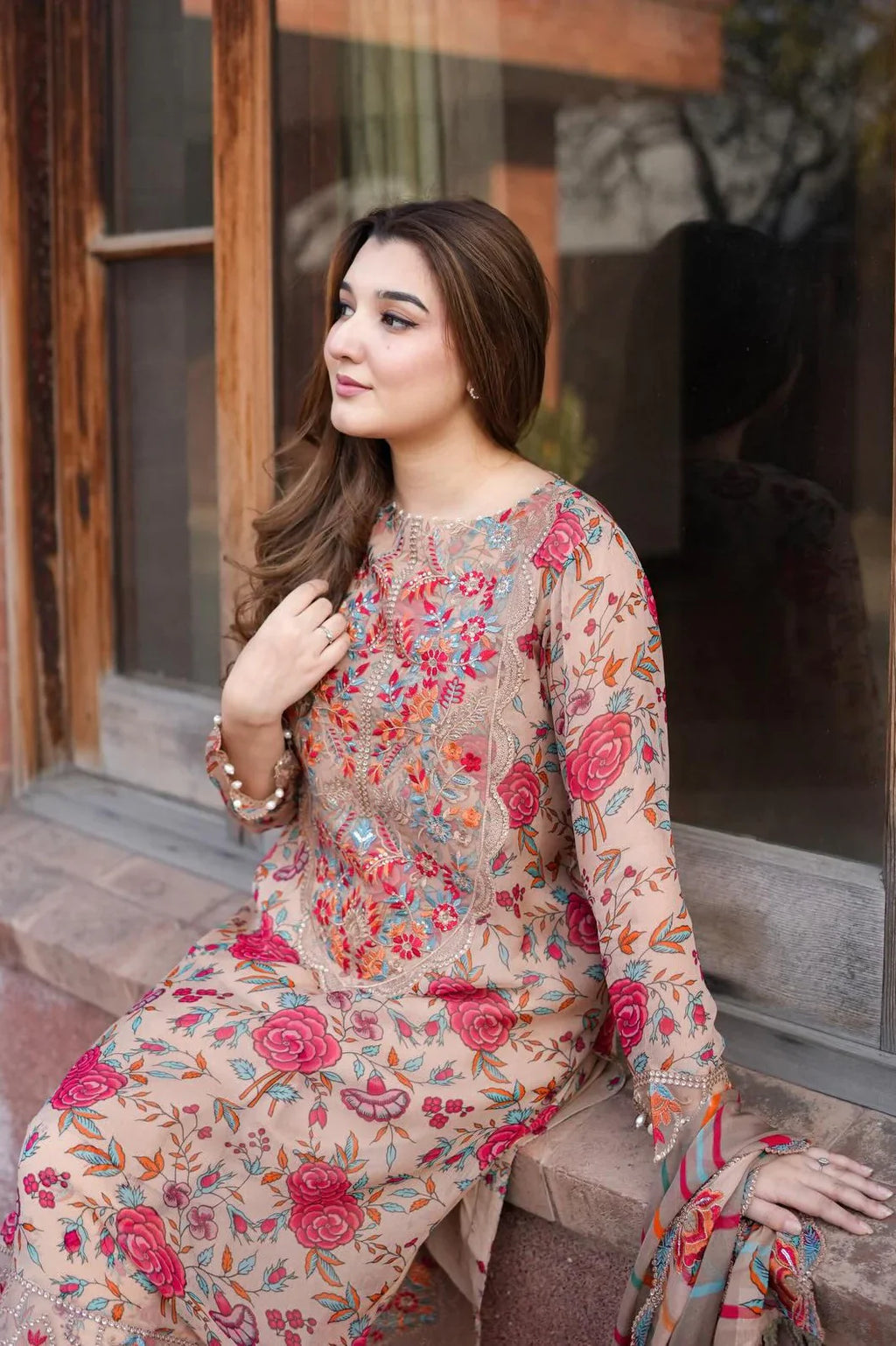 Sand & Coral Flora - 3 Piece Embroidered Lawn Suit | Ready To Wear