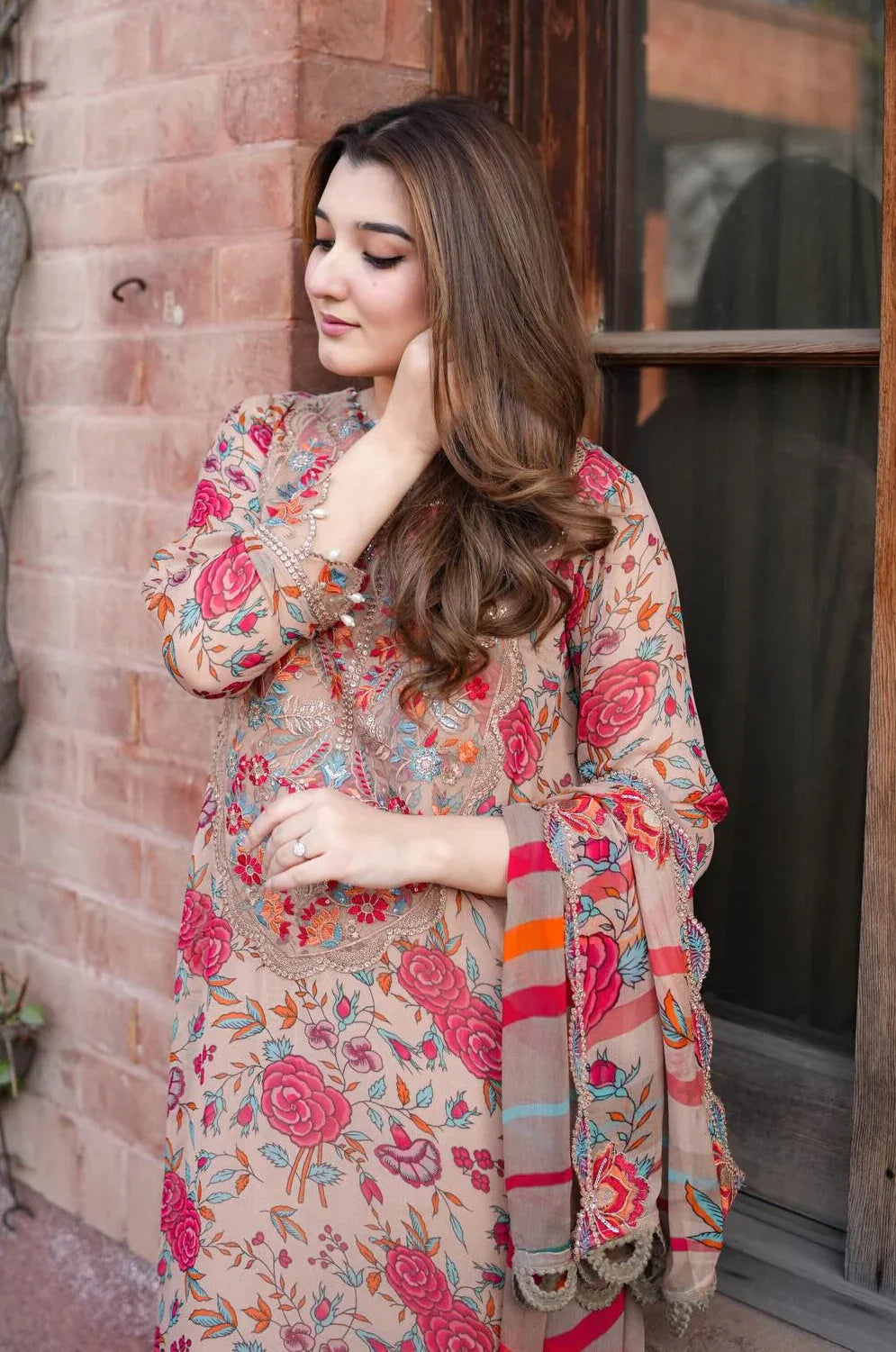 Sand & Coral Flora - 3 Piece Embroidered Lawn Suit | Ready To Wear
