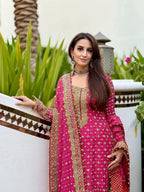 Hot Pink & Gold - 3PC Suit with Heavy Bordered Dupatta | Ready To Wear