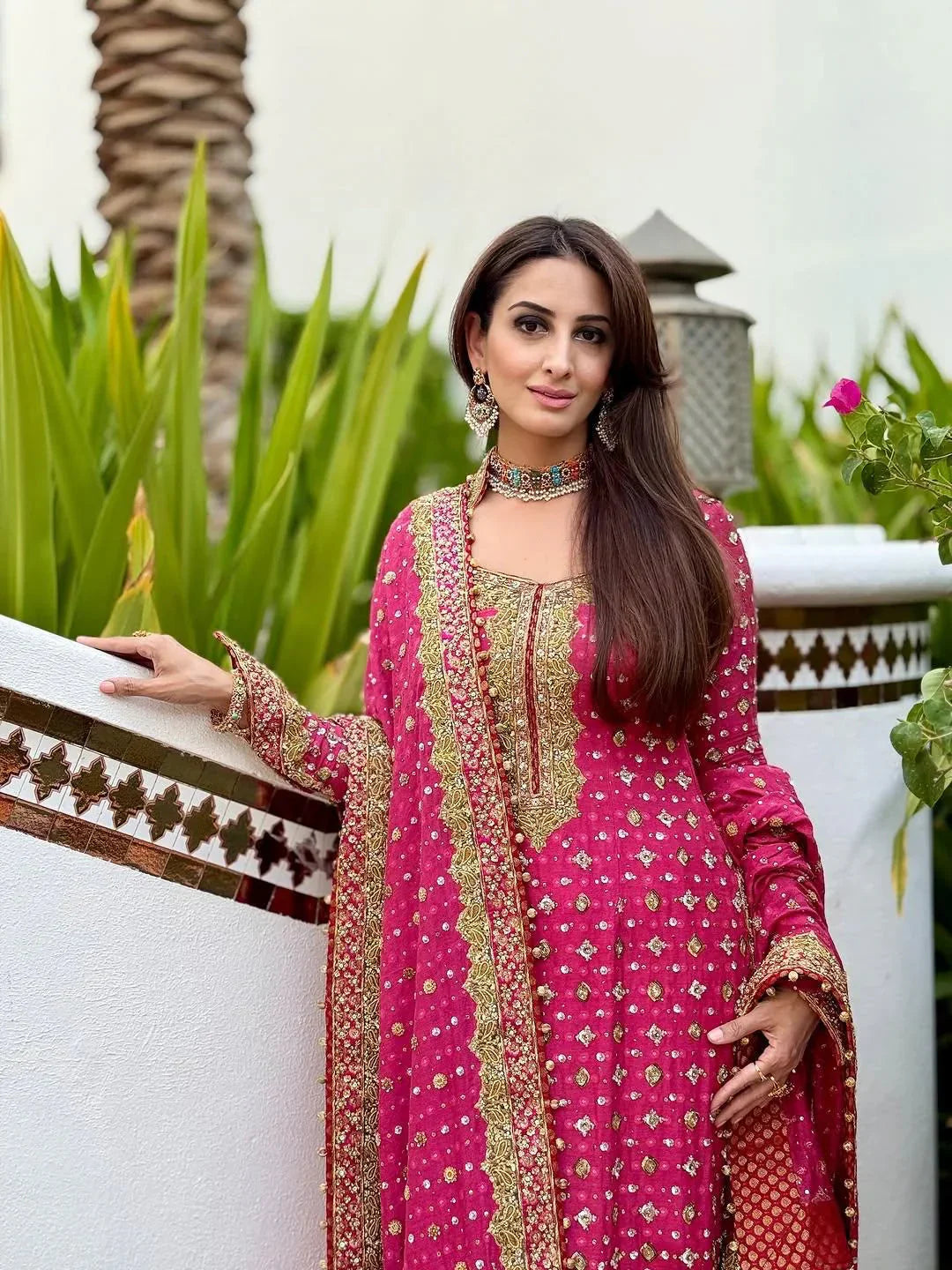 Hot Pink & Gold - 3PC Suit with Heavy Bordered Dupatta | Ready To Wear