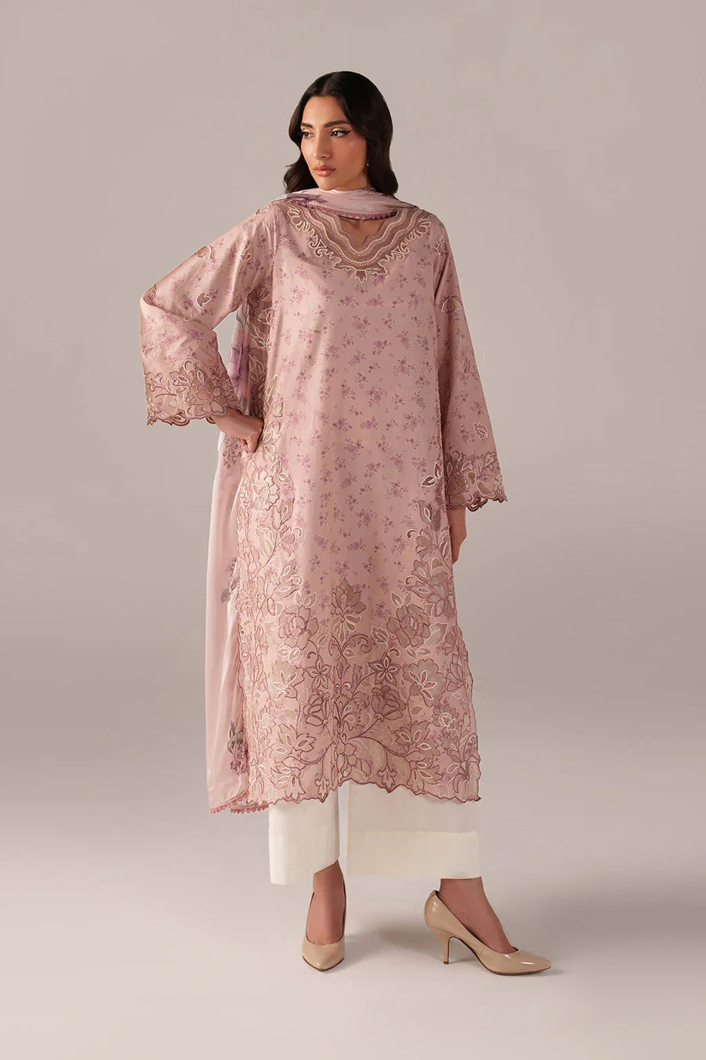 Pastel Pink -Lawn Suit With Chiffon Dupatta | Ready To Wear