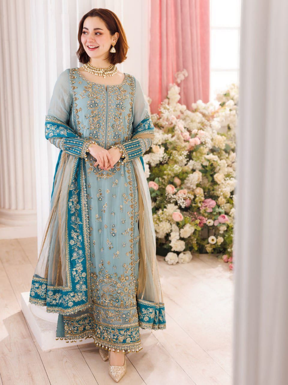 Premium Light Blue Chiffon Formal Wear with Heavy Border Work