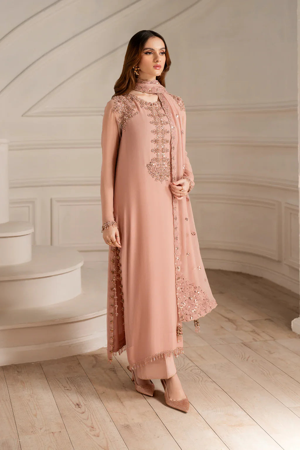 Peach Crystal Elegance - Embellished Formal Suit | Ready To Wear