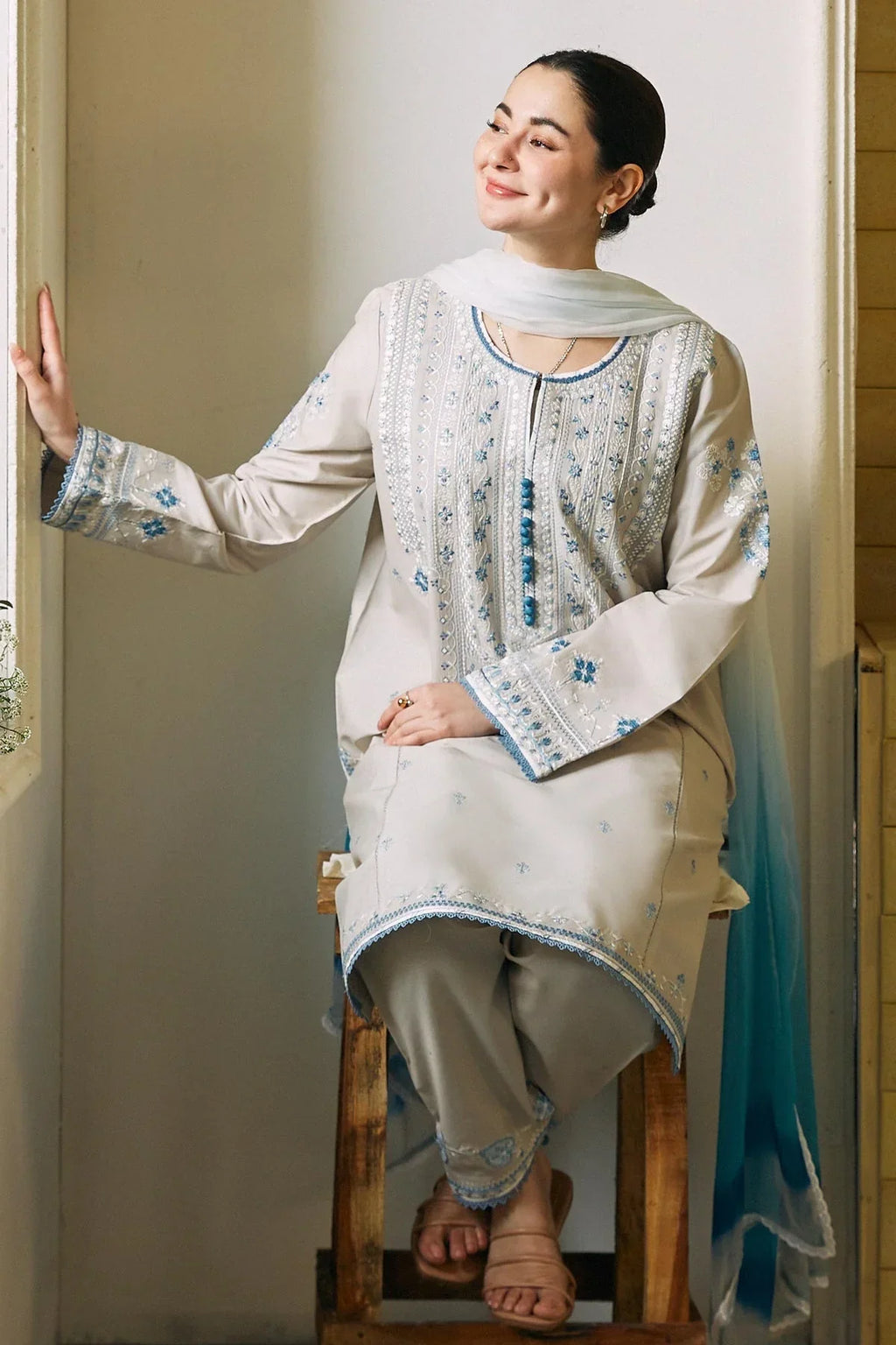 Dove Grey & Powder Blue - Embroidered Lawn Suit | Ready To Wear