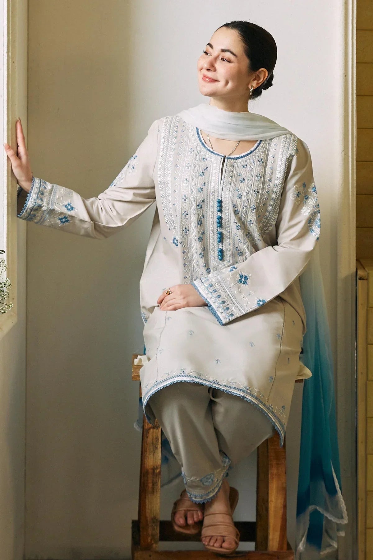 Dove Grey & Powder Blue - Embroidered Lawn Suit | Ready To Wear