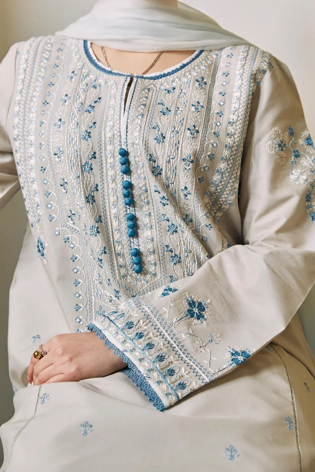 Dove Grey & Powder Blue - Embroidered Lawn Suit | Ready To Wear