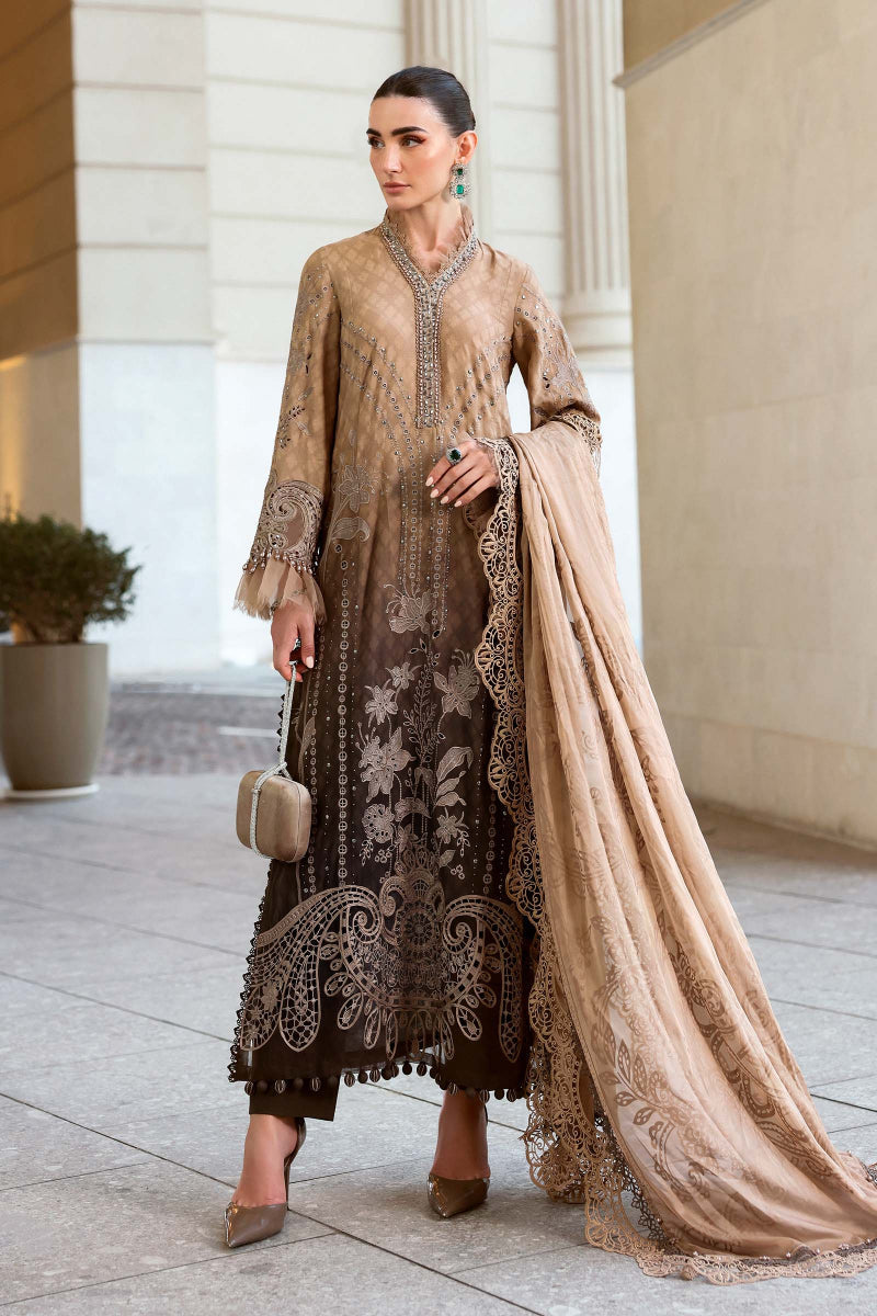 Brown Ombre Printed Lawn Suit | Heavy Schiffli & Spangle Embroidery
