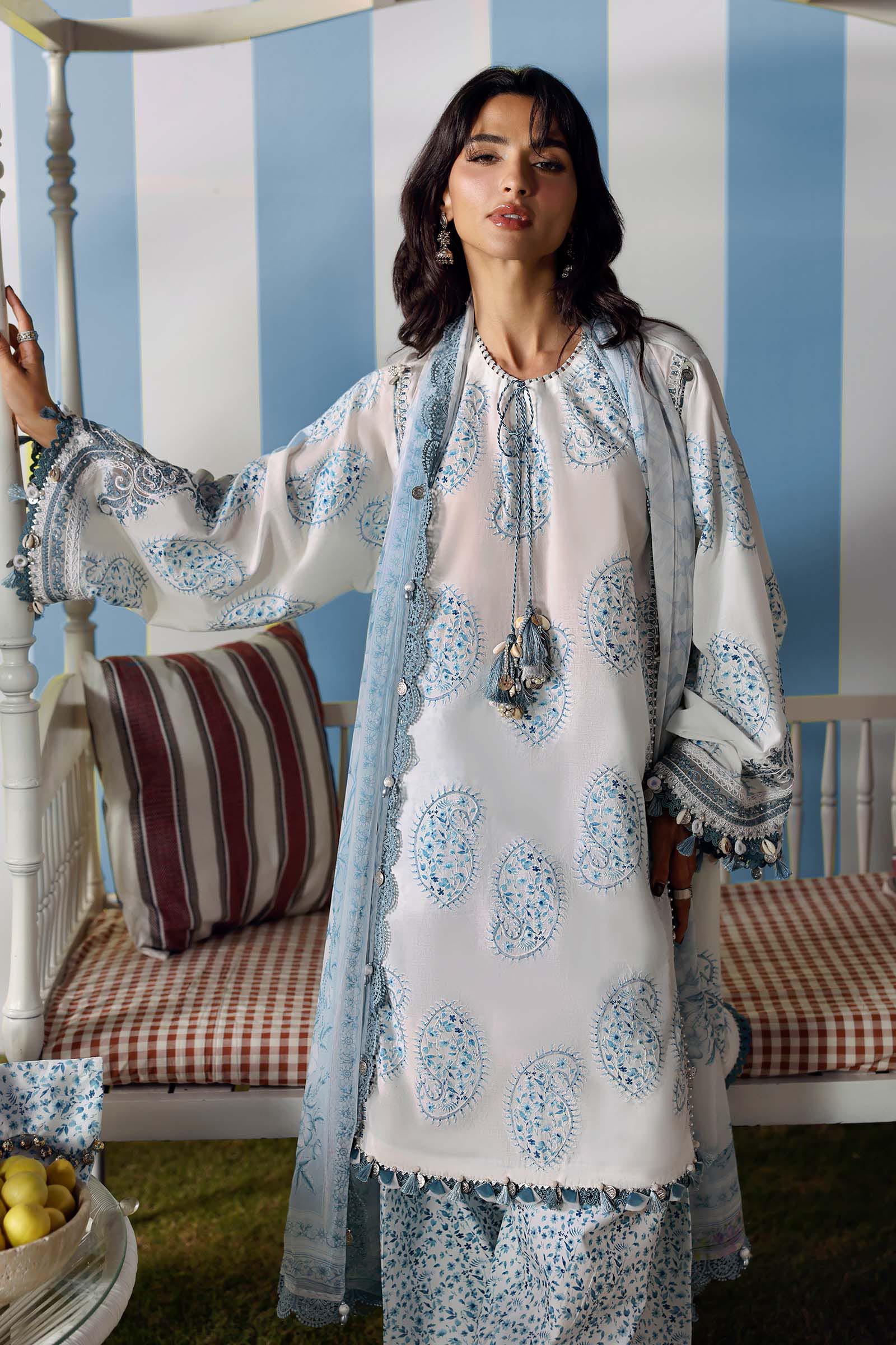 Frosty Blue Paisley Luxury Embroidered Lawn Suit | Ready To Wear