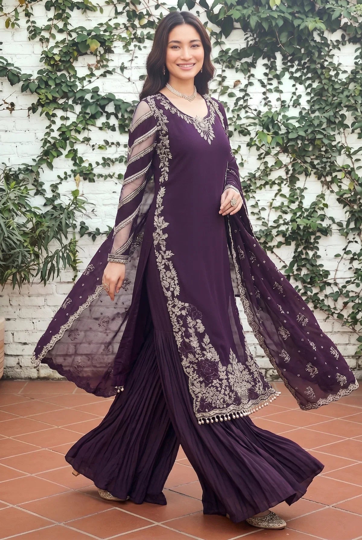 Deep Plum Elegance - Embroidered Sharara Suit | Ready To Wear
