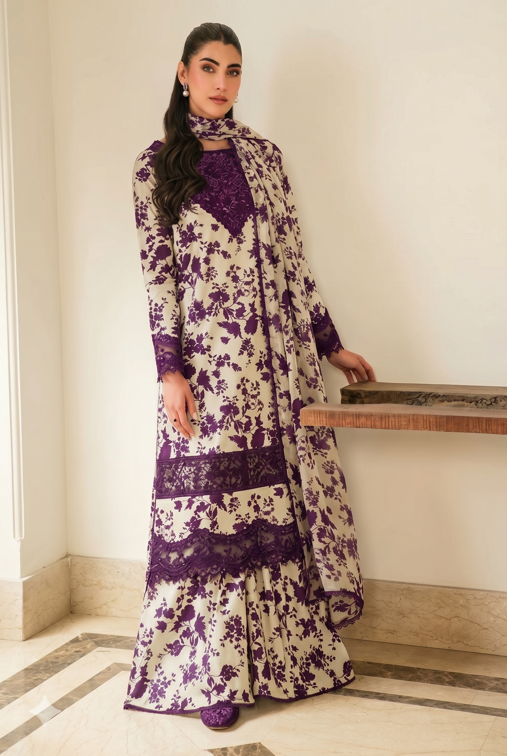 03-Piece Printed Lawn Suit With Chiffon Dupatta | Ready To Wear