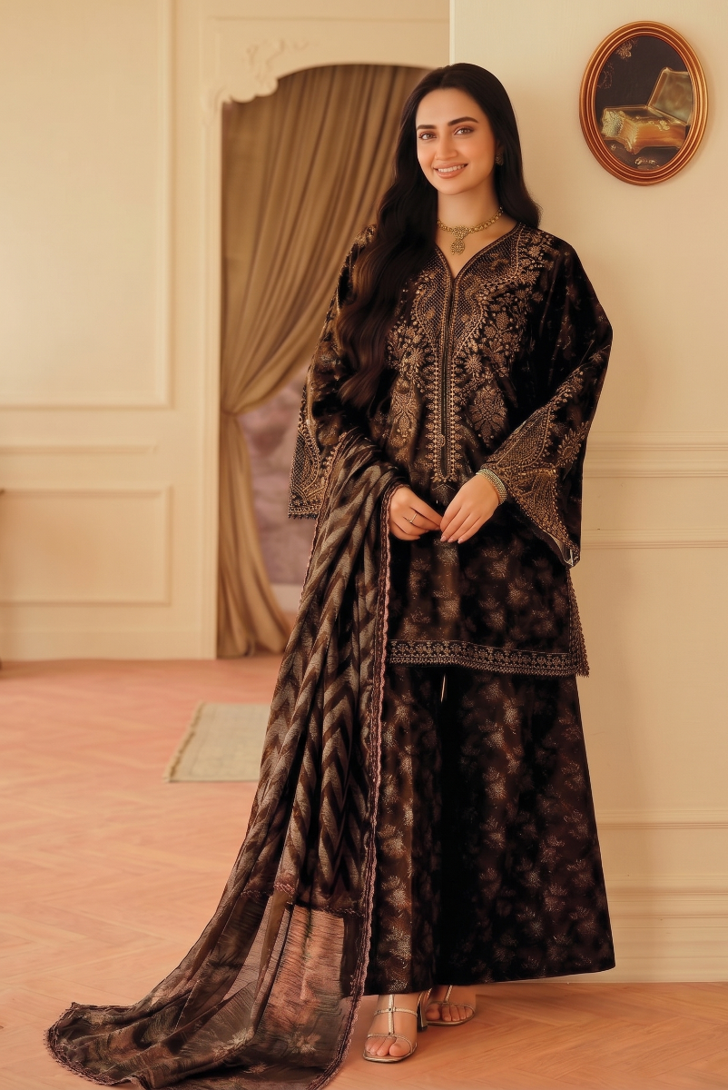 Espresso Gold Elegance - Embroidered Lawn Suit | Ready To Wear