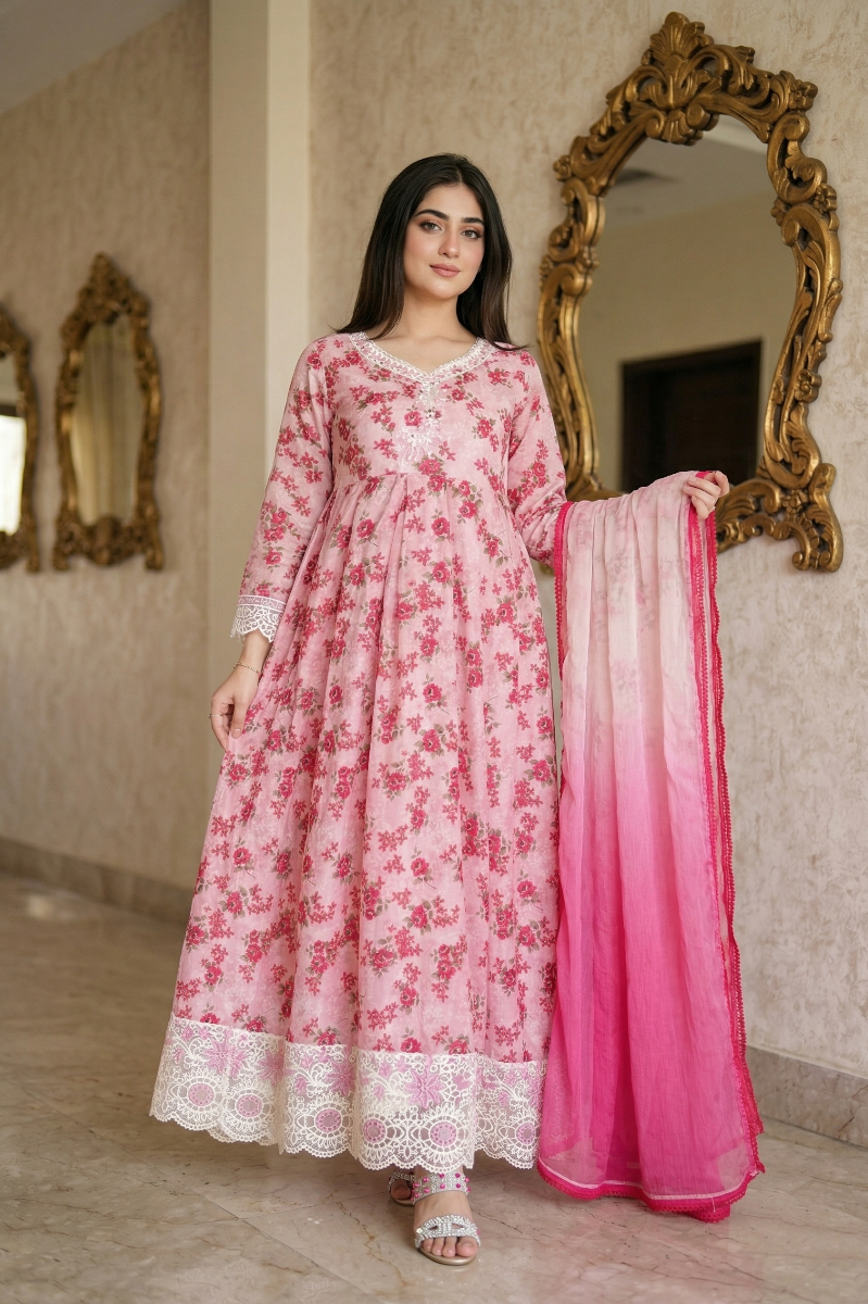 03-Piece Printed Lawn Frock - Ready To Wear