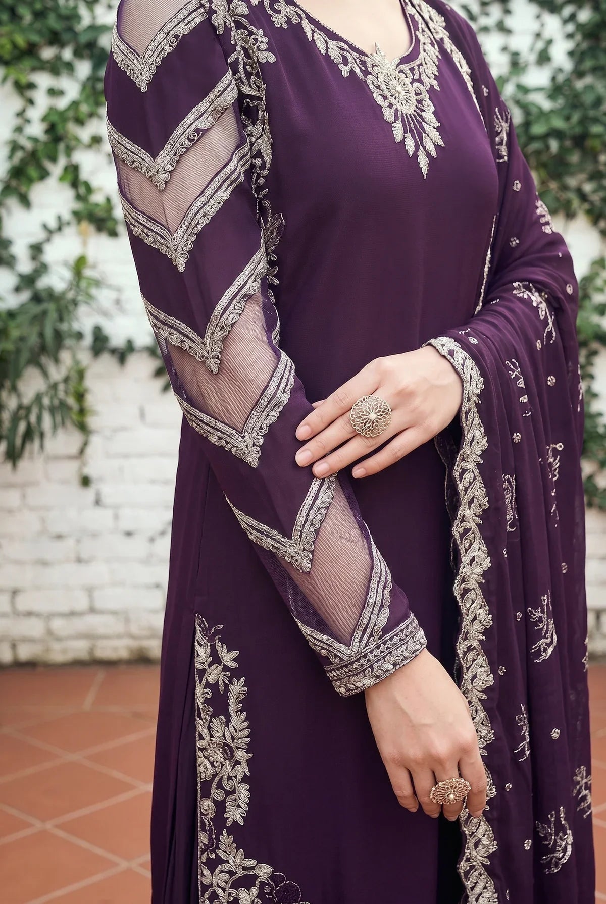 Deep Plum Elegance - Embroidered Sharara Suit | Ready To Wear