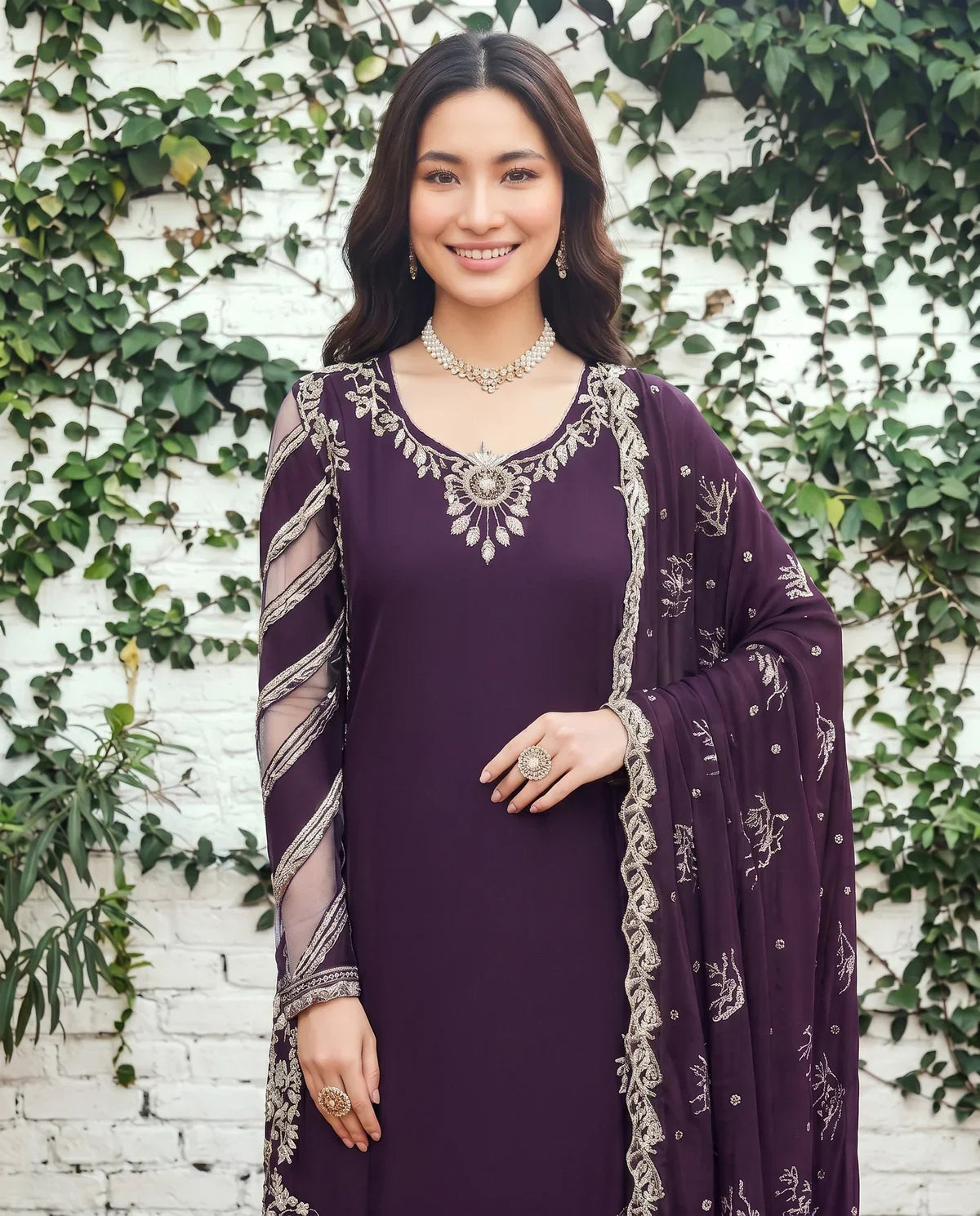 Deep Plum Elegance - Embroidered Sharara Suit | Ready To Wear