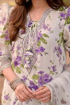 Ivory & Violet Floral - 3 Piece Embroidered Lawn Suit | Ready To Wear