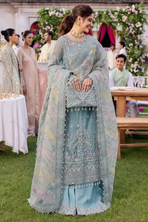 Powder Blue- 3PC Flared Suit with Multi-Tone Dupatta | Ready To Wear
