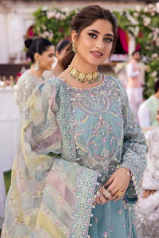 Powder Blue- 3PC Flared Suit with Multi-Tone Dupatta | Ready To Wear