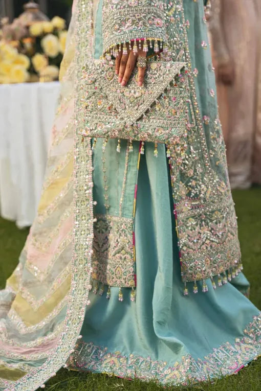 Powder Blue- 3PC Flared Suit with Multi-Tone Dupatta | Ready To Wear