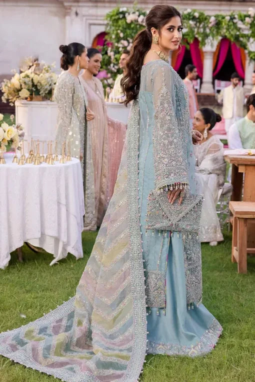 Powder Blue- 3PC Flared Suit with Multi-Tone Dupatta | Ready To Wear