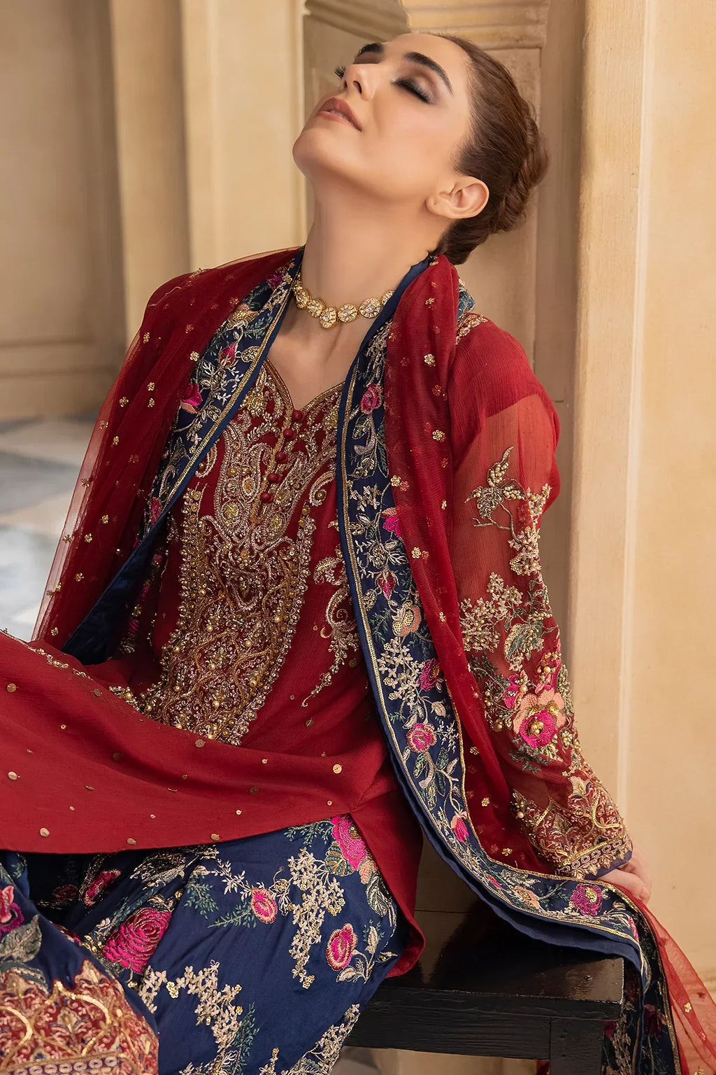 Ruby Red - Embroidered Chiffon Suit | Ready To Wear