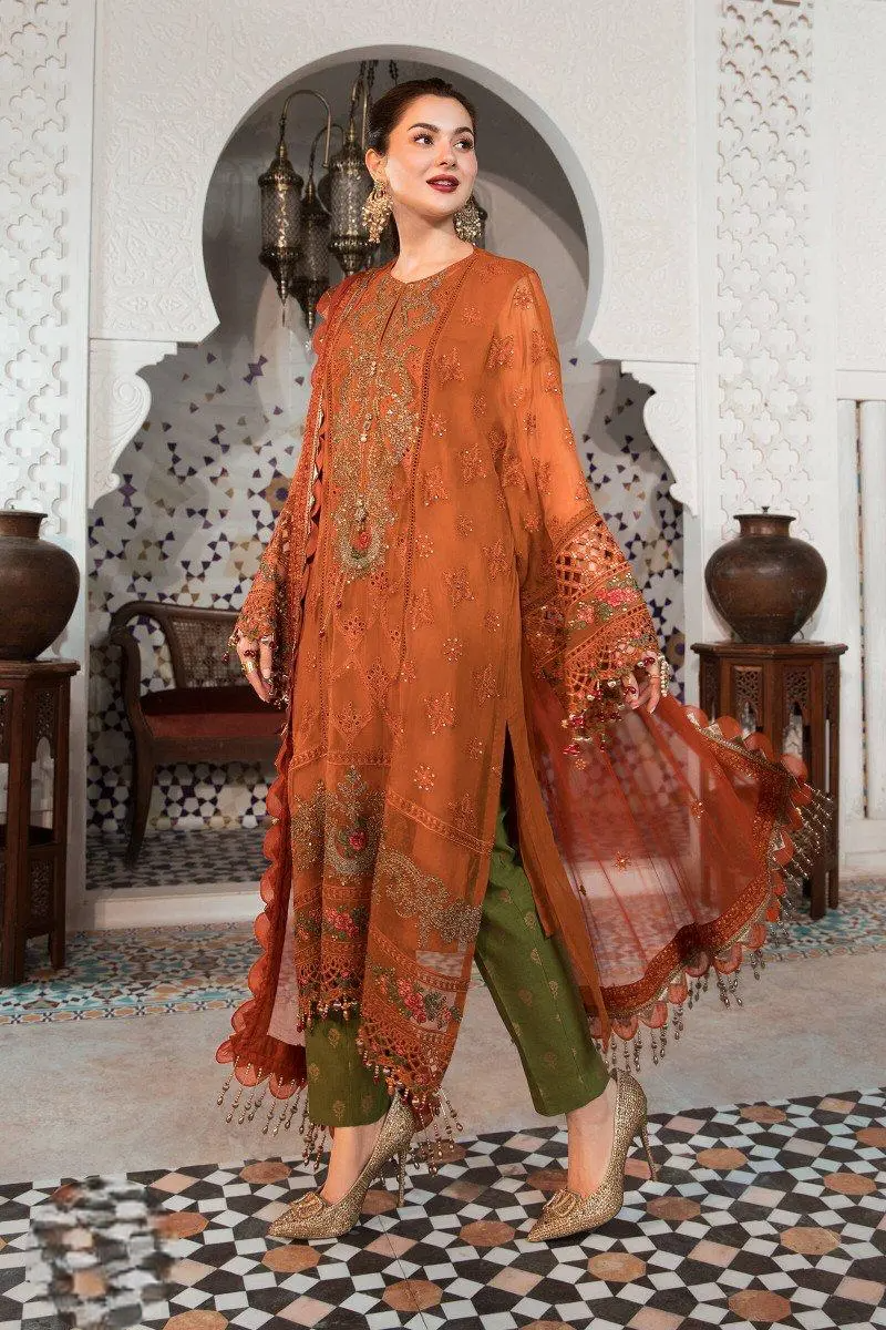 Burnt Orange Embellished - 3 Piece Chiffon Suit | Ready To Wear
