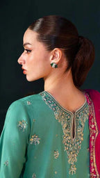 Teal & Fuchsia Bloom - Embroidered Chiffon Suit | Ready To Wear