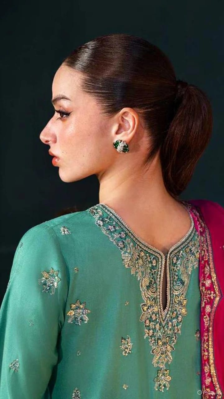 Teal & Fuchsia Bloom - Embroidered Chiffon Suit | Ready To Wear